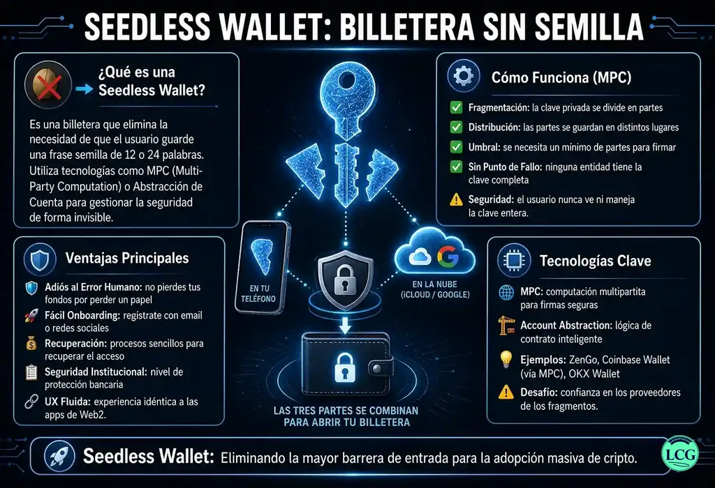 Infograf&iacute;a explicativa sobre Seedless Wallet en blockchain y crypto
