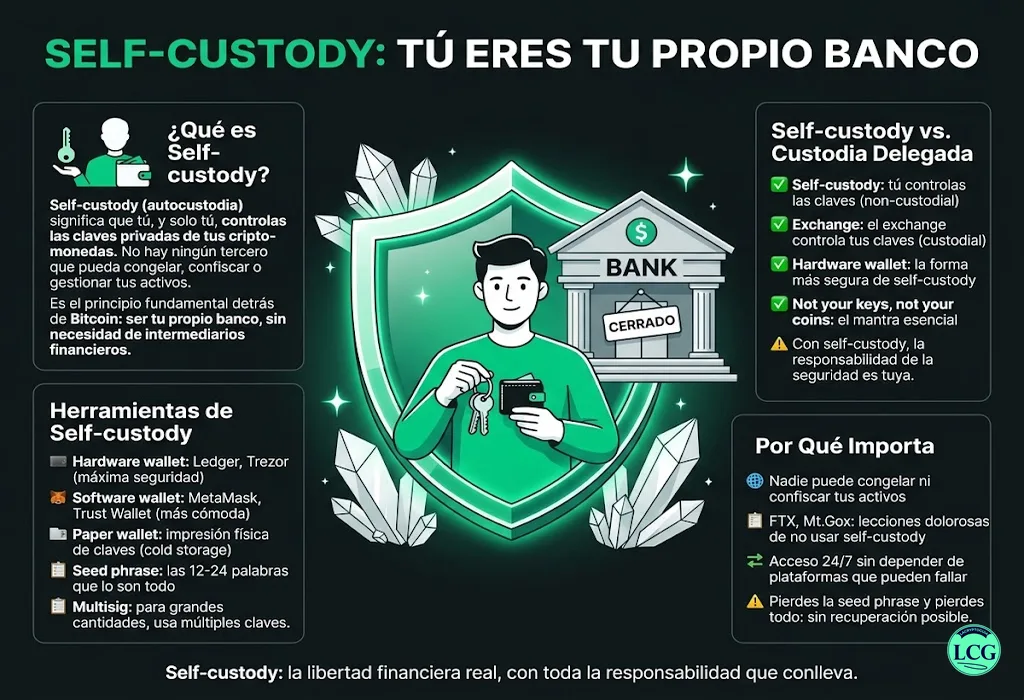 Infograf&iacute;a explicativa sobre Self Custody en blockchain y crypto