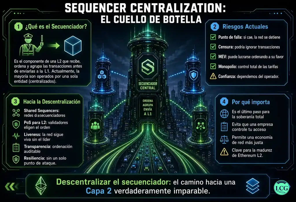 Infograf&iacute;a explicativa sobre Sequencer Centralization en blockchain y crypto