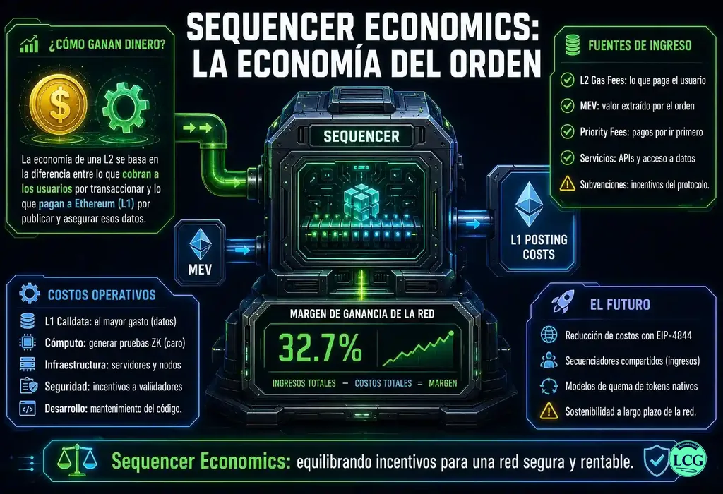 Infograf&iacute;a explicativa sobre Sequencer Economics en blockchain y crypto