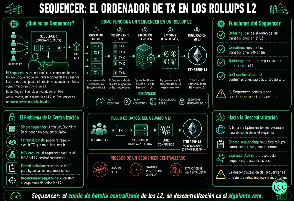 Infograf&iacute;a explicativa sobre Sequencer en blockchain y crypto