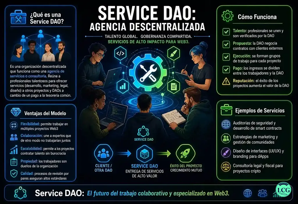 Infograf&iacute;a explicativa sobre Service Dao en blockchain y crypto