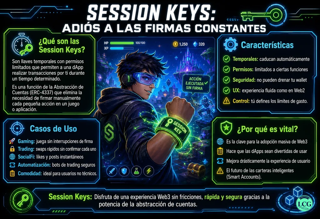 Infograf&iacute;a explicativa sobre Session Keys en blockchain y crypto