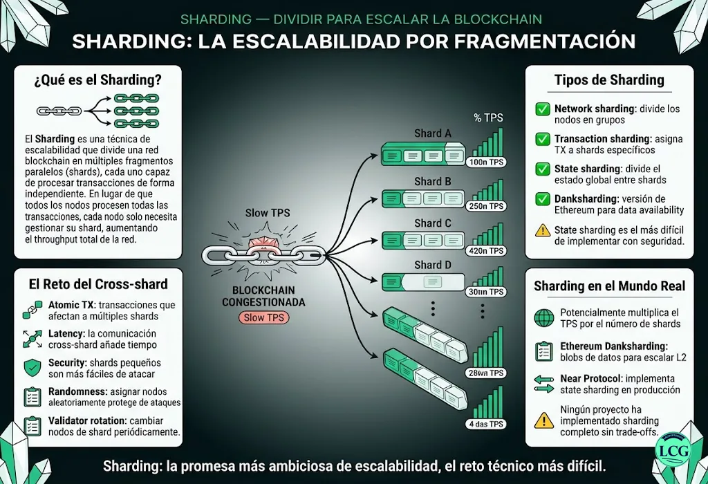 Infograf&iacute;a explicativa sobre Sharding en blockchain y crypto