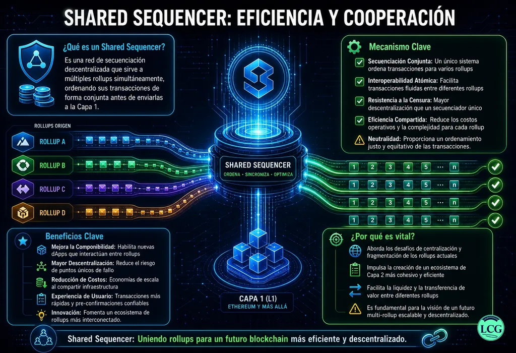 Infograf&iacute;a explicativa sobre Shared Sequencer en blockchain y crypto
