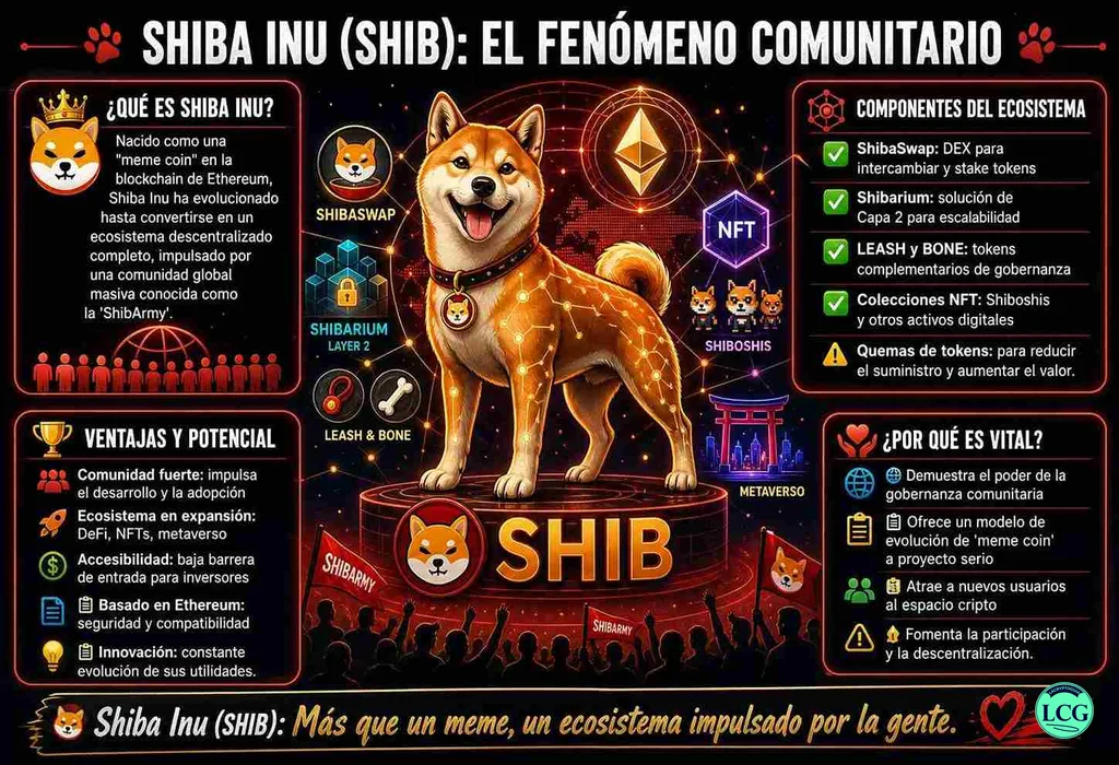 Infograf&iacute;a explicativa sobre Shiba Inu en blockchain y crypto