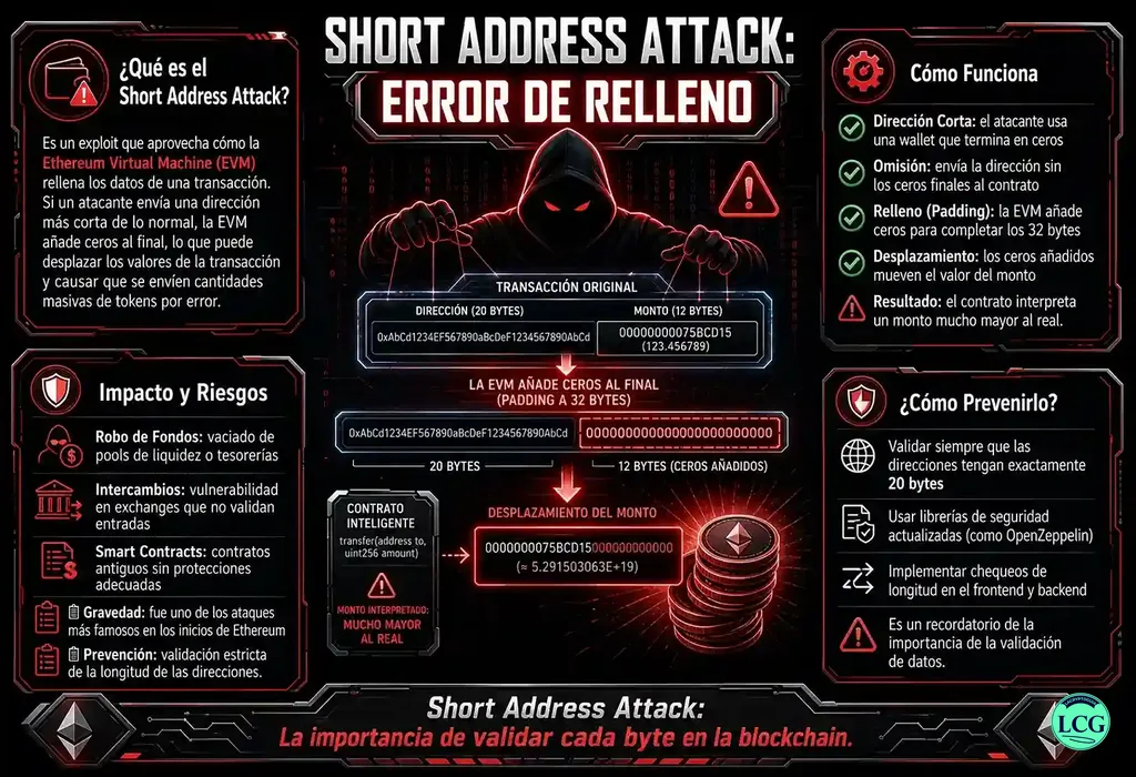 Infograf&iacute;a explicativa sobre Short Address Attack en blockchain y crypto