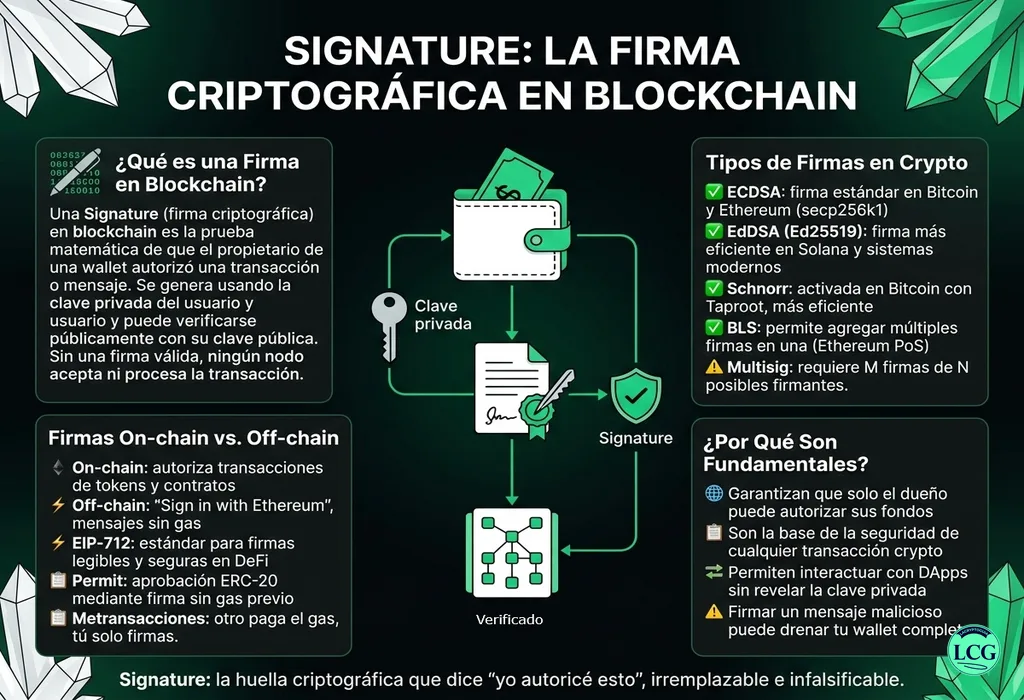 Infograf&iacute;a explicativa sobre Signature en blockchain y crypto