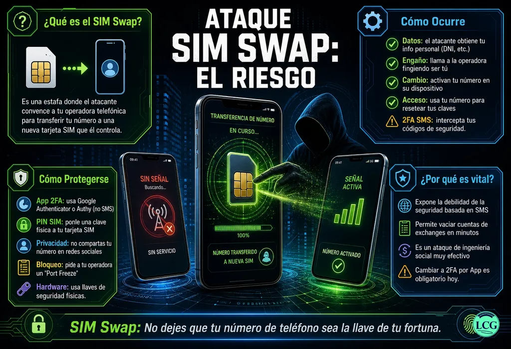 Infograf&iacute;a explicativa sobre Sim Swap Attack en blockchain y crypto