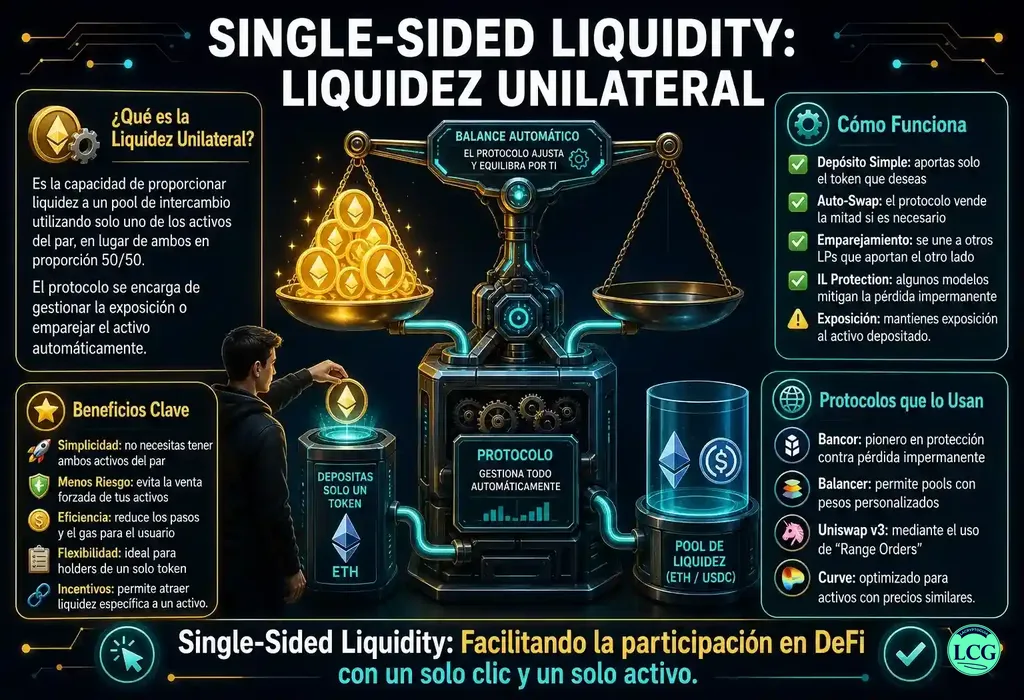 Infograf&iacute;a explicativa sobre Single Sided Liquidity en blockchain y crypto