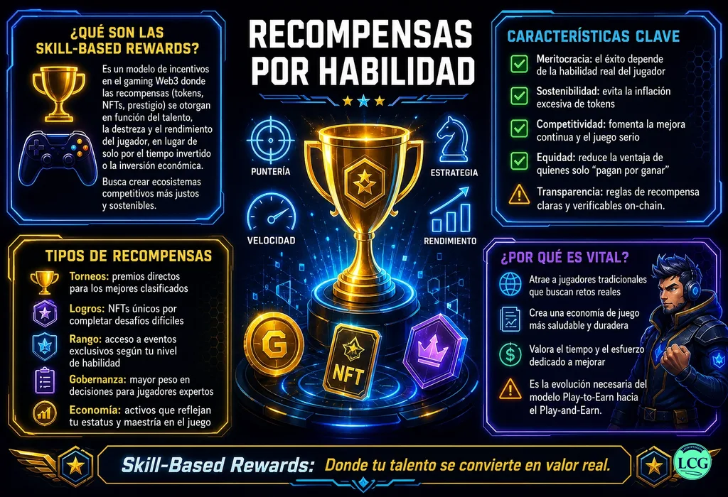 Infograf&iacute;a explicativa sobre Skill Based Rewards en blockchain y crypto
