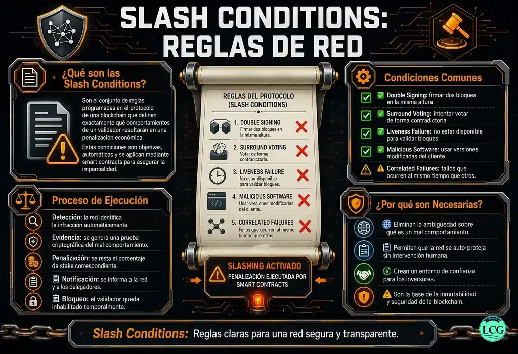 Infograf&iacute;a explicativa sobre Slash Conditions en blockchain y crypto