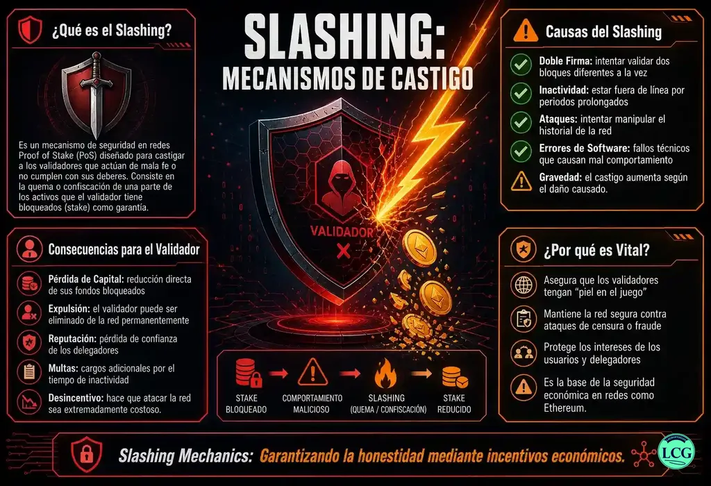 Infograf&iacute;a explicativa sobre Slashing Mechanics en blockchain y crypto