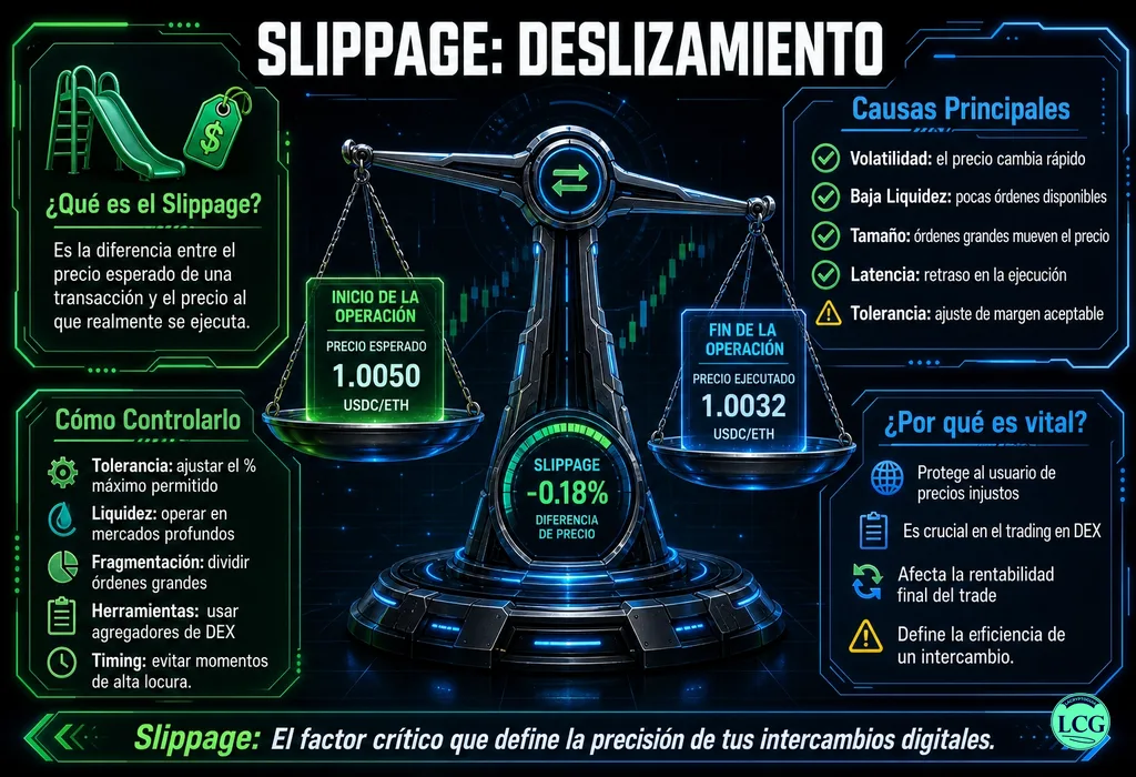 Infograf&iacute;a explicativa sobre Slippage en blockchain y crypto