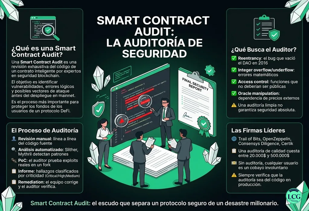 Infograf&iacute;a explicativa sobre Smart Contract Audit en blockchain y crypto