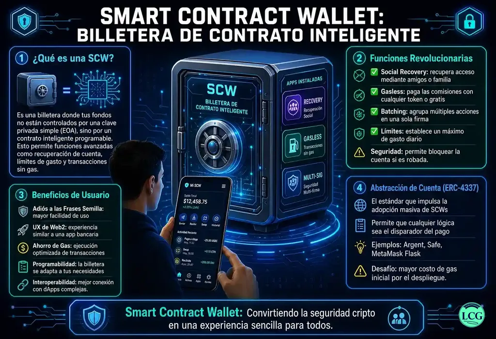 Infograf&iacute;a explicativa sobre Smart Contract Wallet en blockchain y crypto