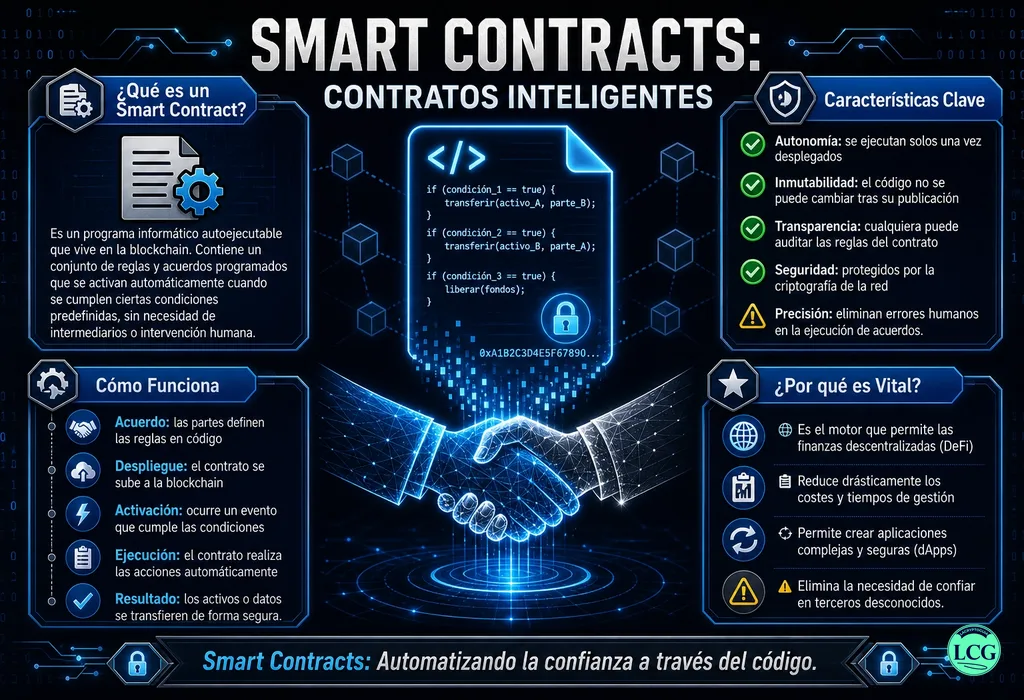 Infograf&iacute;a explicativa sobre Smart Contract en blockchain y crypto
