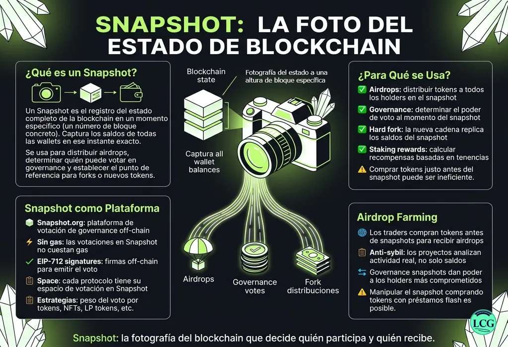 Infografía explicativa sobre Snapshot en blockchain y crypto