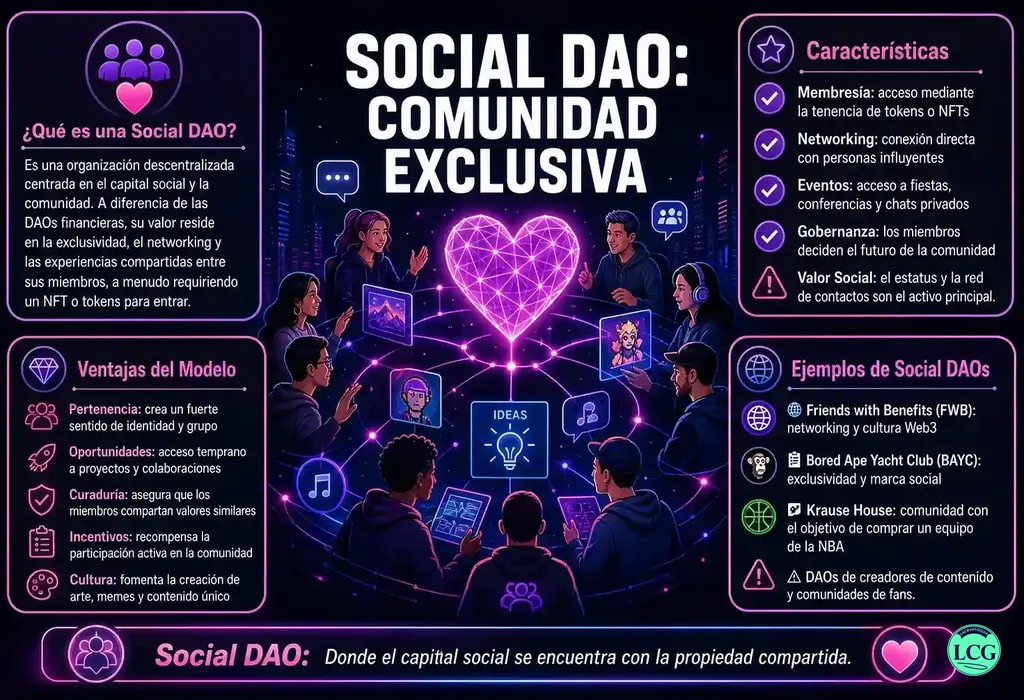 Infograf&iacute;a explicativa sobre Social Dao en blockchain y crypto