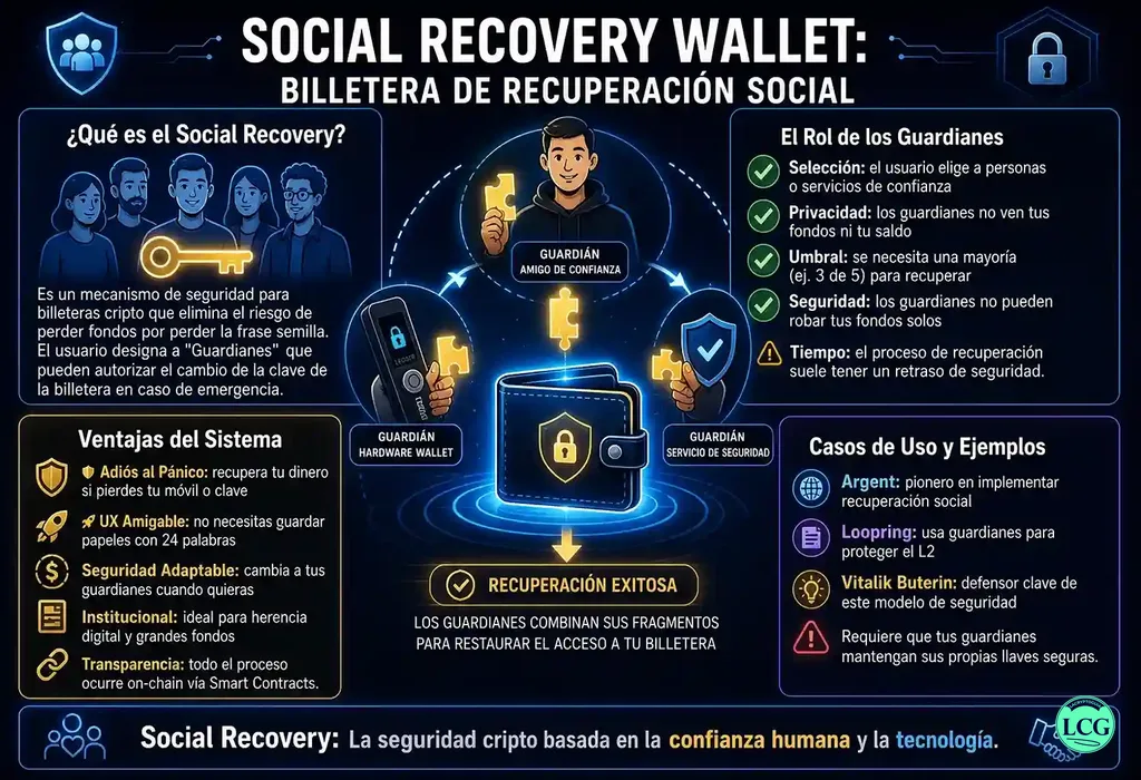 Infograf&iacute;a explicativa sobre Social Recovery Wallet en blockchain y crypto