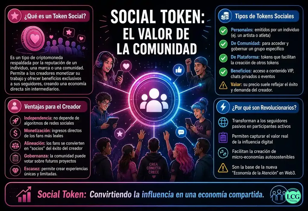 Infograf&iacute;a explicativa sobre Social Token en blockchain y crypto