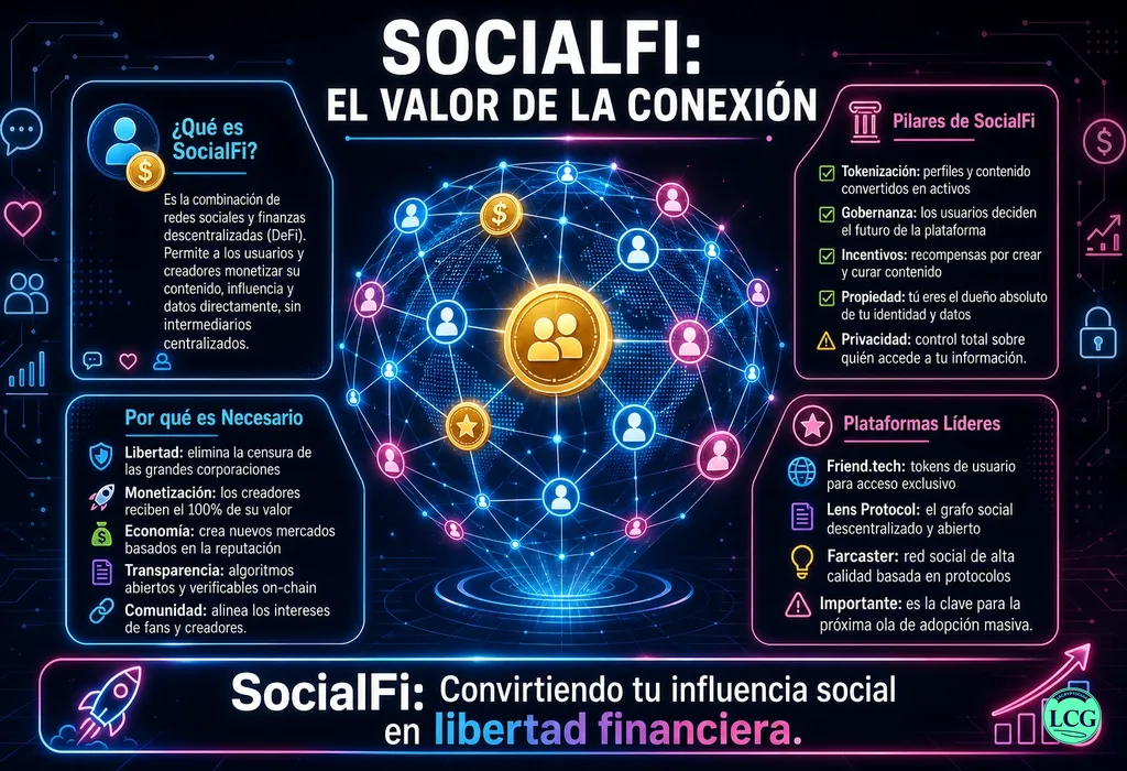 Infograf&iacute;a explicativa sobre Socialfi en blockchain y crypto