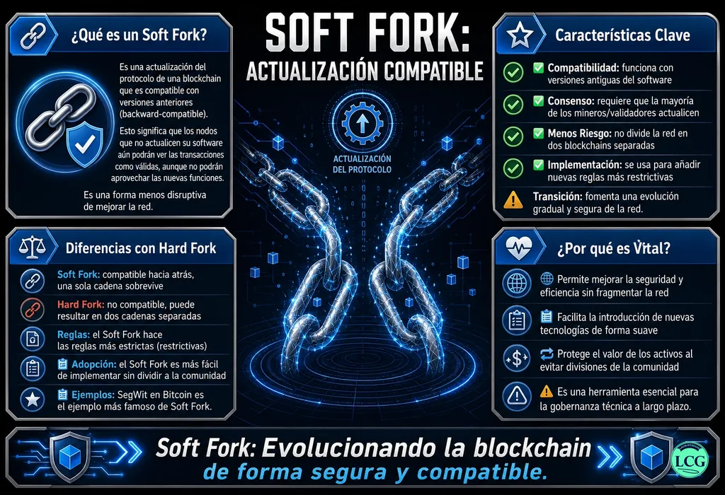 Infografía explicativa sobre Soft Fork en blockchain y crypto