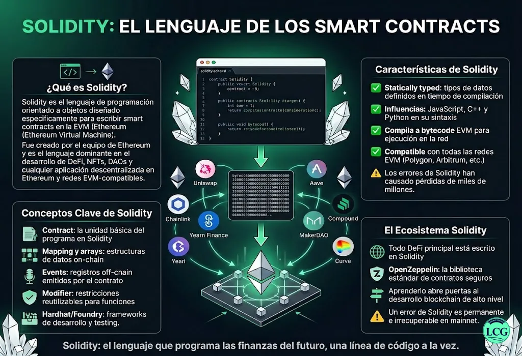 Infograf&iacute;a explicativa sobre Solidity en blockchain y crypto