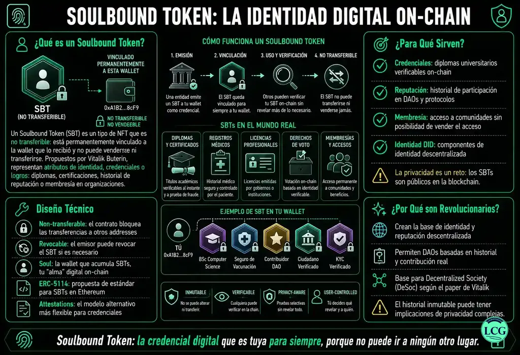 Infograf&iacute;a explicativa sobre Soulbound Token (Sbt) en blockchain y crypto