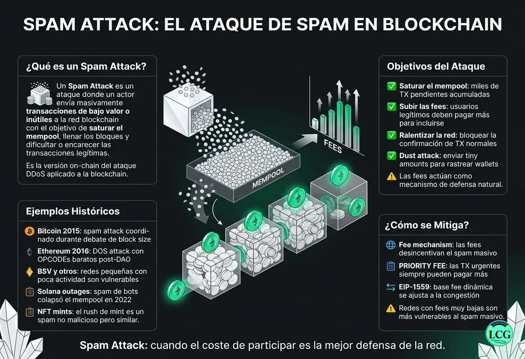 Infograf&iacute;a explicativa sobre Spam Attack en blockchain y crypto