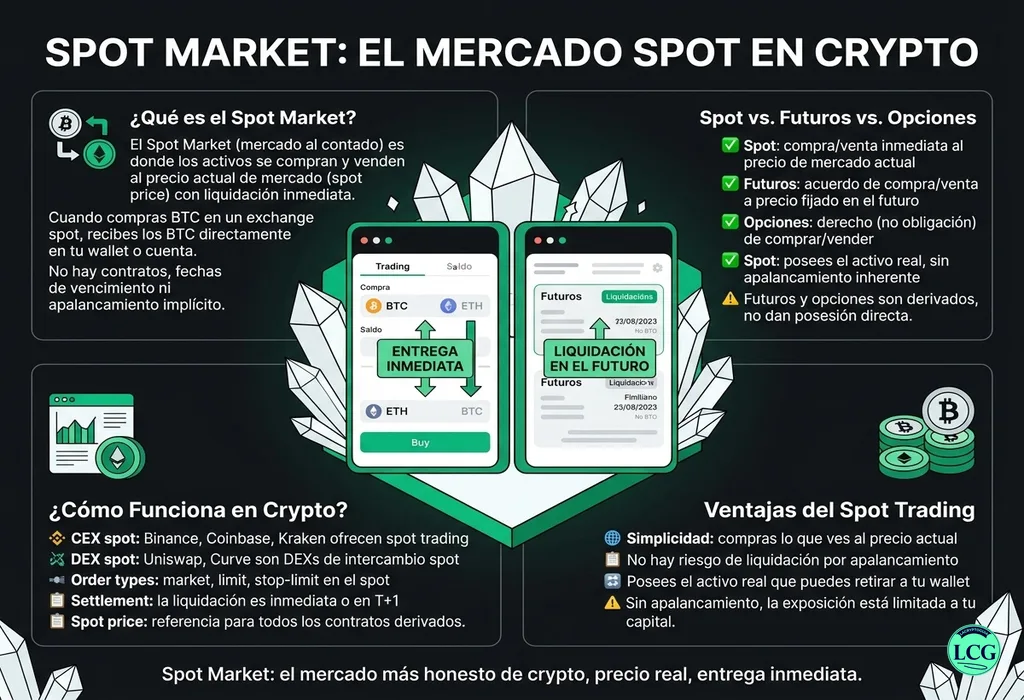 Infograf&iacute;a explicativa sobre Spot Market en blockchain y crypto