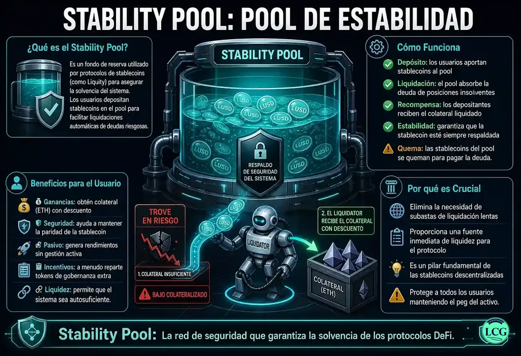 Infograf&iacute;a explicativa sobre Stability Pool en blockchain y crypto