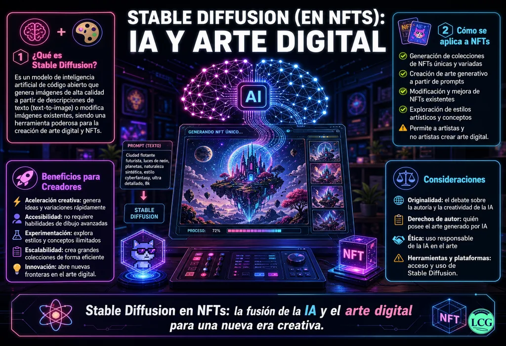 Infograf&iacute;a explicativa sobre Stable Diffusion (En Nfts) en blockchain y crypto