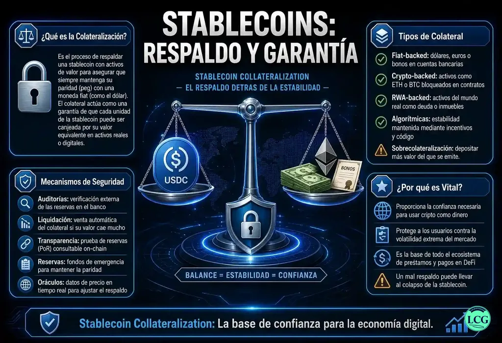 Infograf&iacute;a explicativa sobre Stablecoin Collateralization en blockchain y crypto