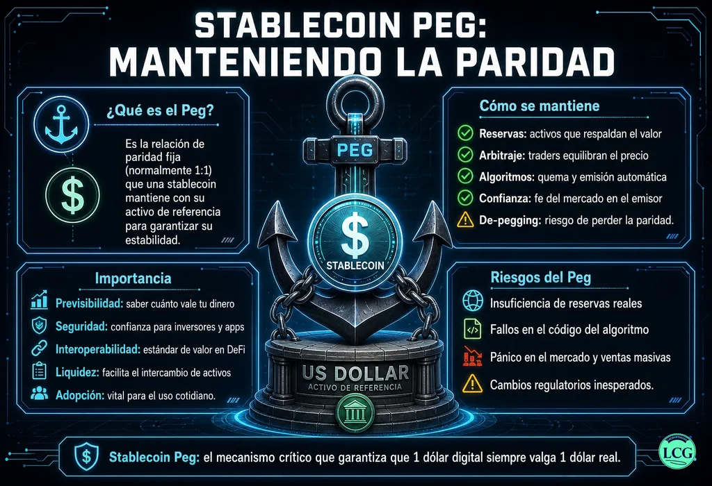 Infograf&iacute;a explicativa sobre Stablecoin Peg en blockchain y crypto