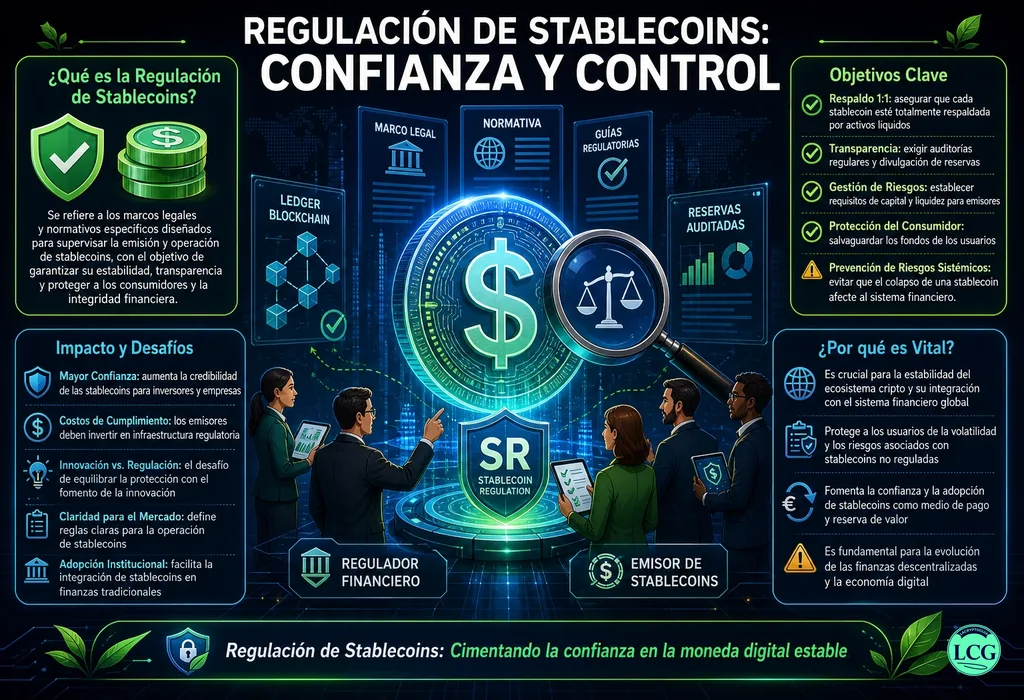 Infograf&iacute;a explicativa sobre Stablecoin Regulation en blockchain y crypto