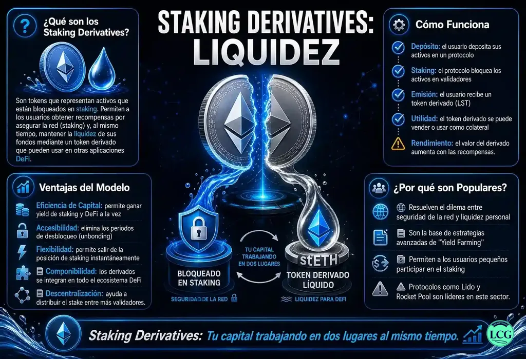 Infograf&iacute;a explicativa sobre Staking Derivatives en blockchain y crypto