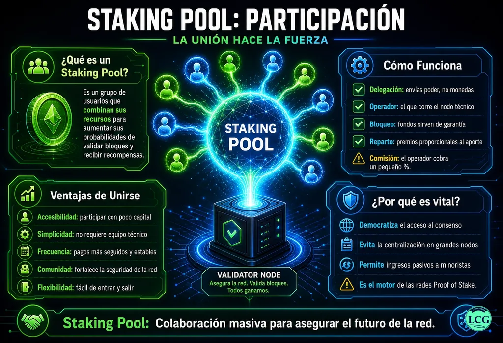 Infograf&iacute;a explicativa sobre Staking Pool en blockchain y crypto