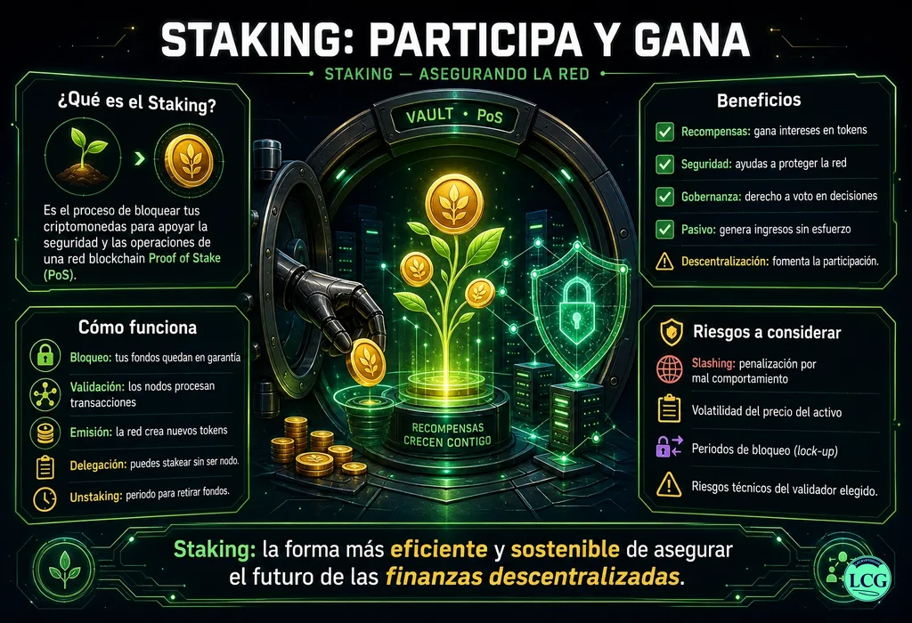 Infograf&iacute;a explicativa sobre Staking en blockchain y crypto