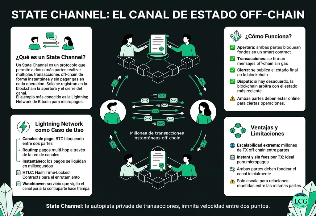 Infograf&iacute;a explicativa sobre State Channel en blockchain y crypto