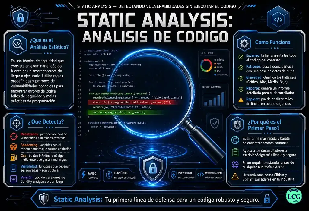 Infograf&iacute;a explicativa sobre Static Analysis en blockchain y crypto