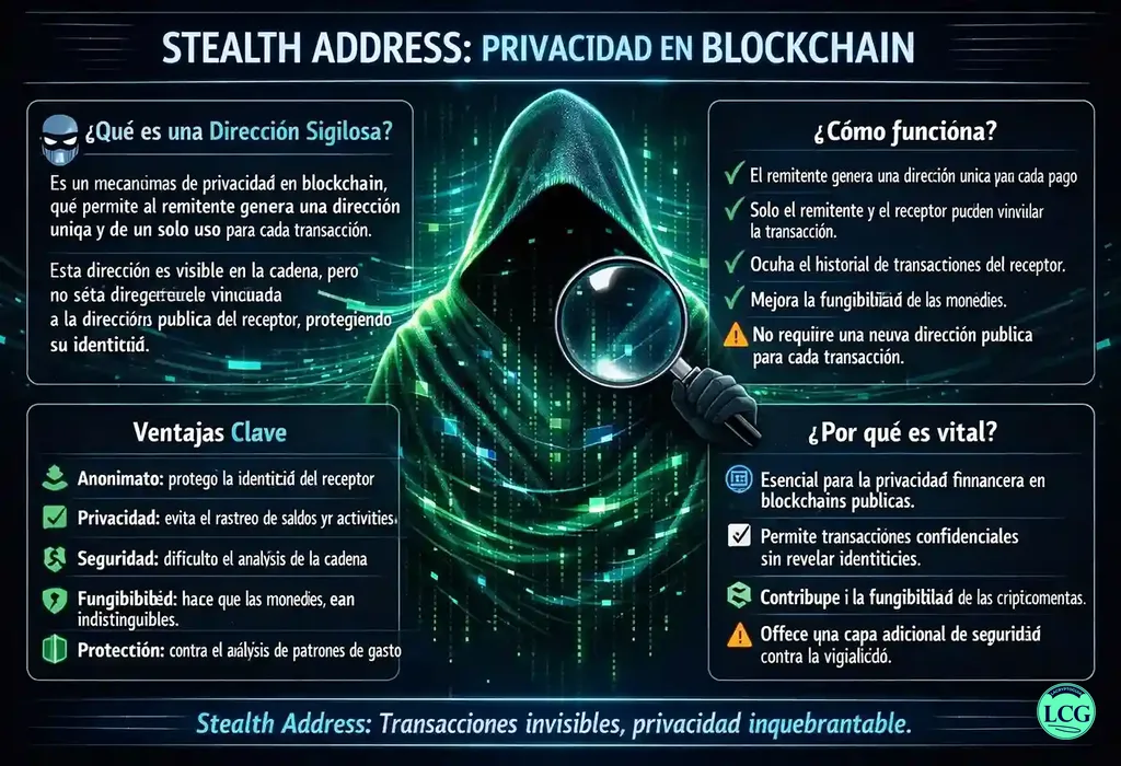 Infograf&iacute;a explicativa sobre Stealth Address en blockchain y crypto