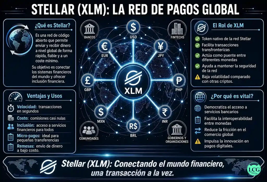 Infograf&iacute;a explicativa sobre Stellar (Xlm) en blockchain y crypto
