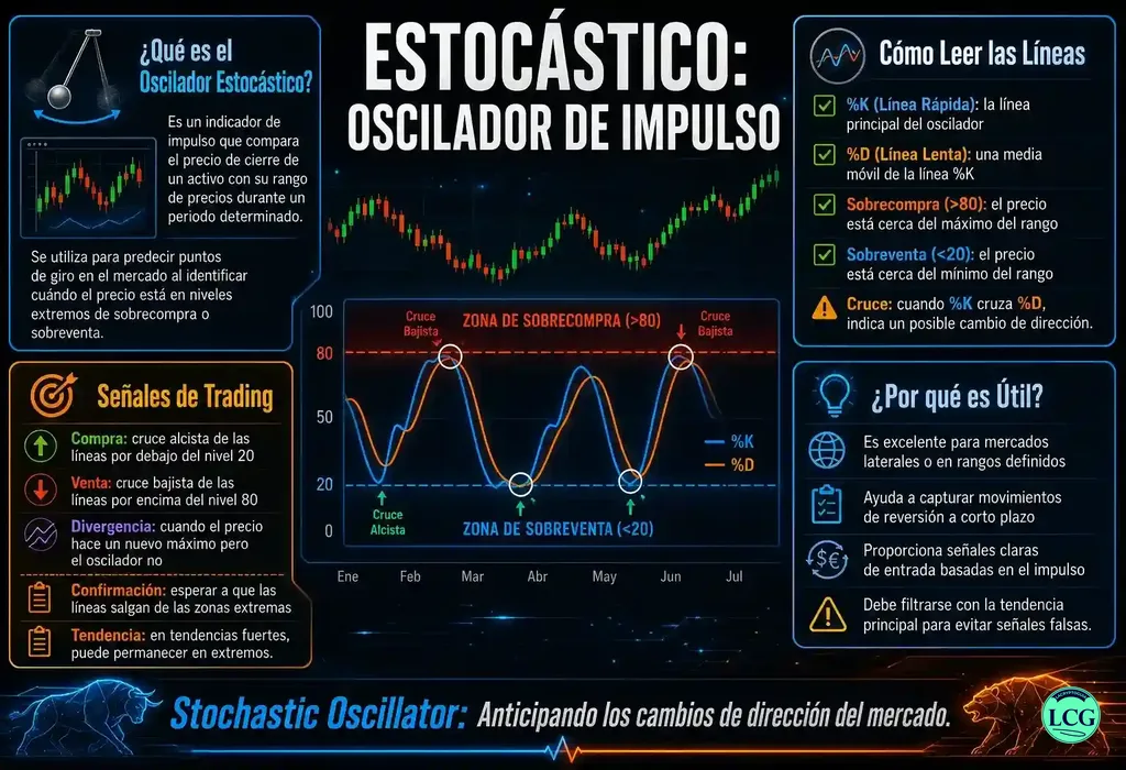Infografía explicativa sobre Stochastic Oscillator en blockchain y crypto
