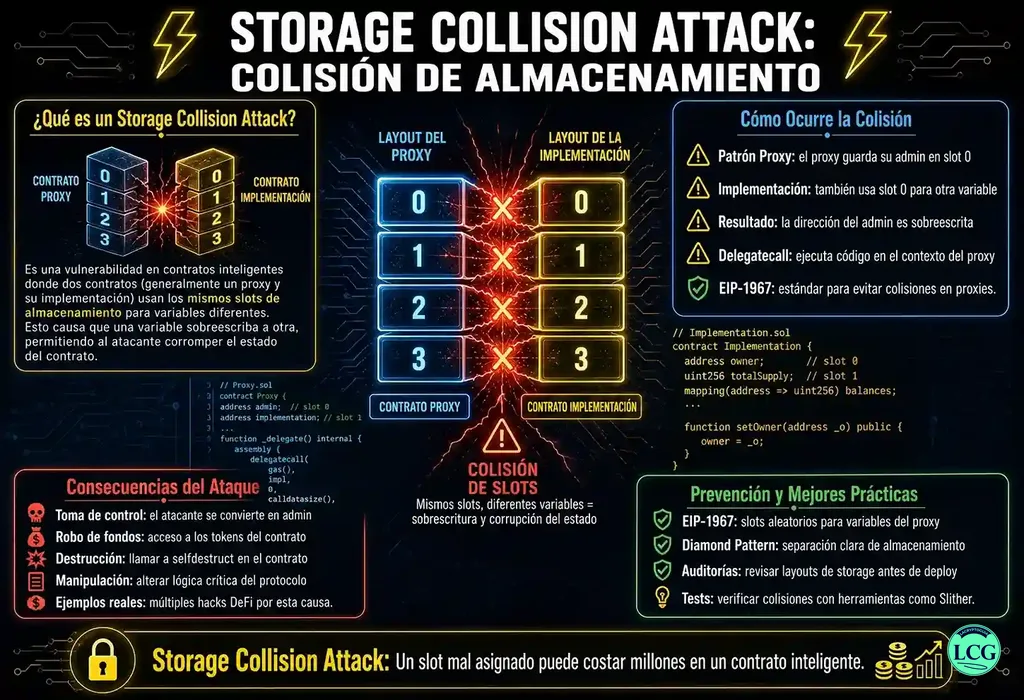 Infograf&iacute;a explicativa sobre Storage Collision Attack en blockchain y crypto