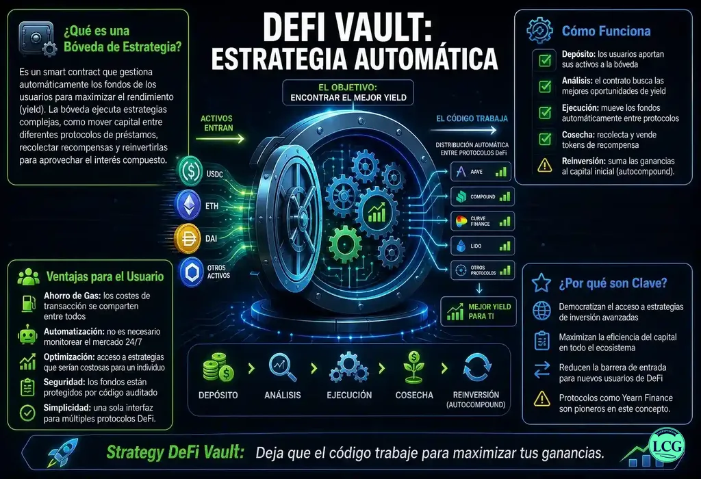 Infograf&iacute;a explicativa sobre Strategy Defi Vault en blockchain y crypto