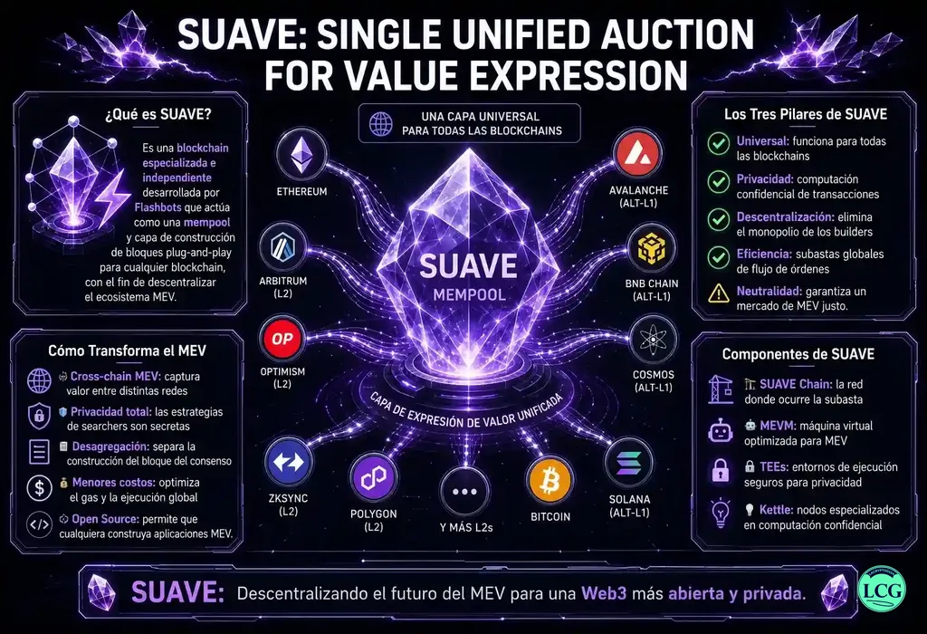 Infograf&iacute;a explicativa sobre Suave (Flashbots) en blockchain y crypto