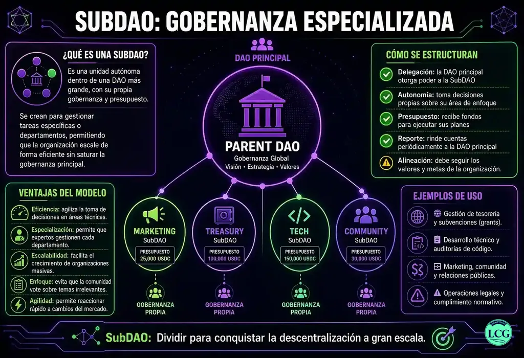 Infograf&iacute;a explicativa sobre Subdao en blockchain y crypto