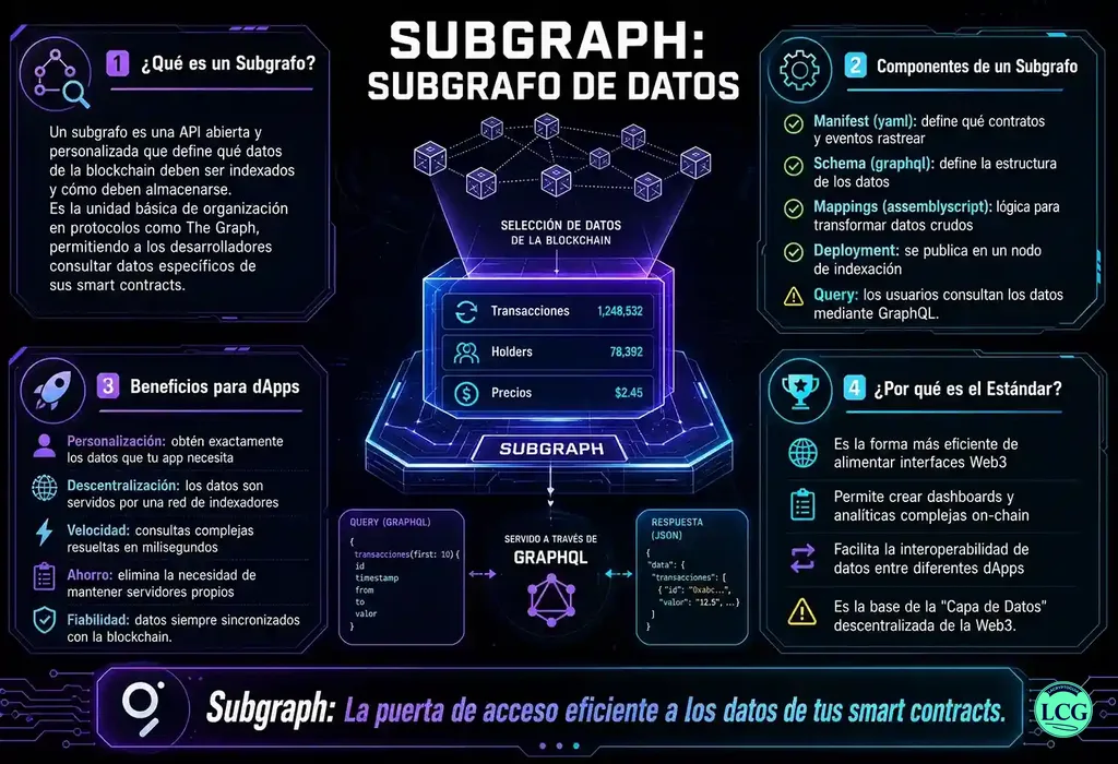 Infograf&iacute;a explicativa sobre Subgraph en blockchain y crypto