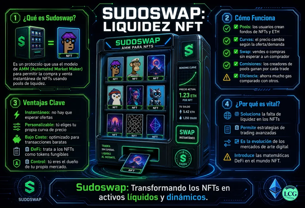 Infograf&iacute;a explicativa sobre Sudoswap en blockchain y crypto